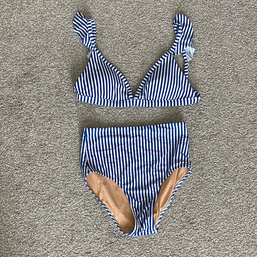J. Crew Blue and White Striped High-Waist Bikini